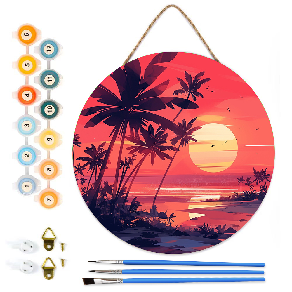 MBH11-Paint-by-Numbers-on-Wood-Slice-20cm-circular-Coconut-tree-sunset