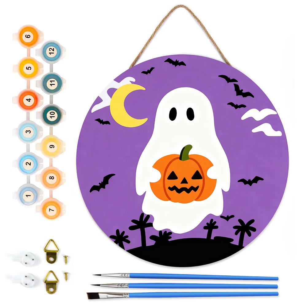 MBH42-Paint-by-Numbers-on-Wood-Slice-20cm-circular-Halloween-Ghosts