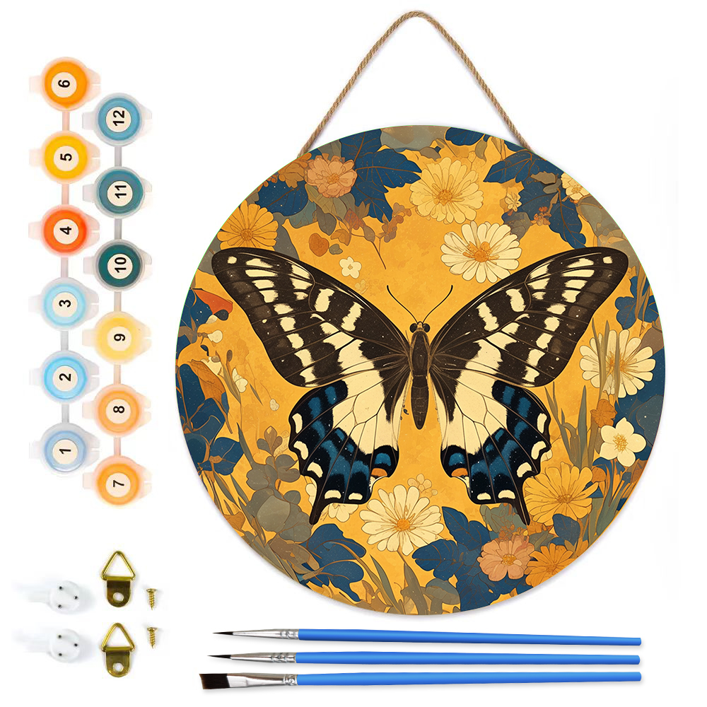 MBH8-Paint-by-Numbers-on-Wood-Slice-20cm-circular-yellow-butterfly