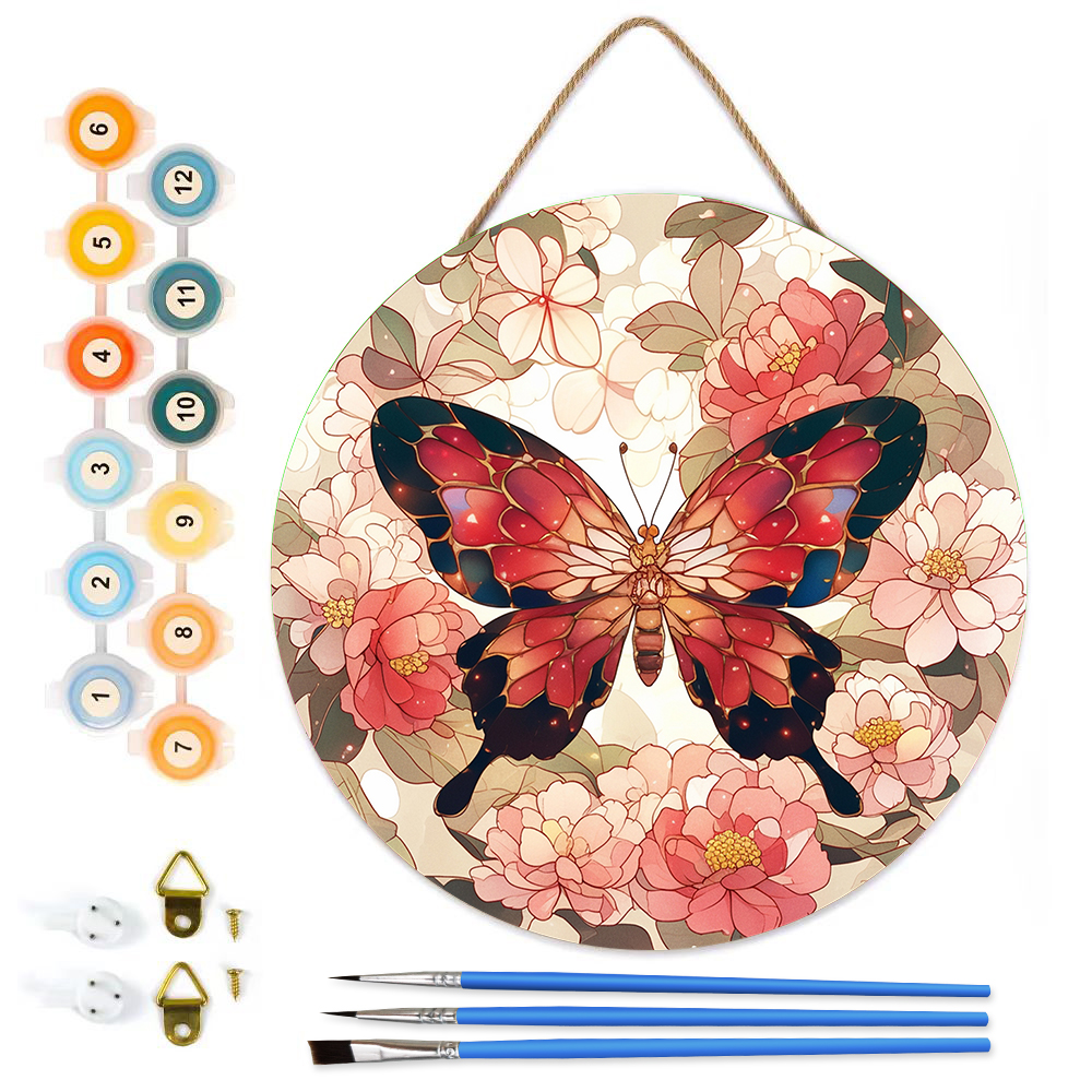 MBH9-Paint-by-Numbers-on-Wood-Slice-20cm-circular-red-butterfly